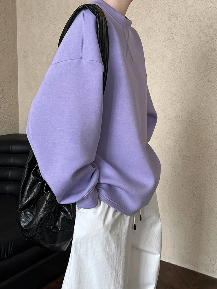 [EAM] Purple Brief Casual Plain Sweatshirt New Round Neck Long Sleeve Women Big Size Fashion Tide Spring Autumn 2023 1DH7027