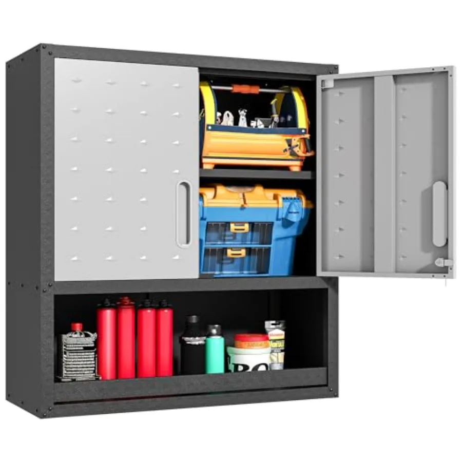 

Металлические настенные шкафы с дверцами и полками Черно-серые гаражные шкафы Настенные регулируемые стеллажи для хранения Плавающие Gar