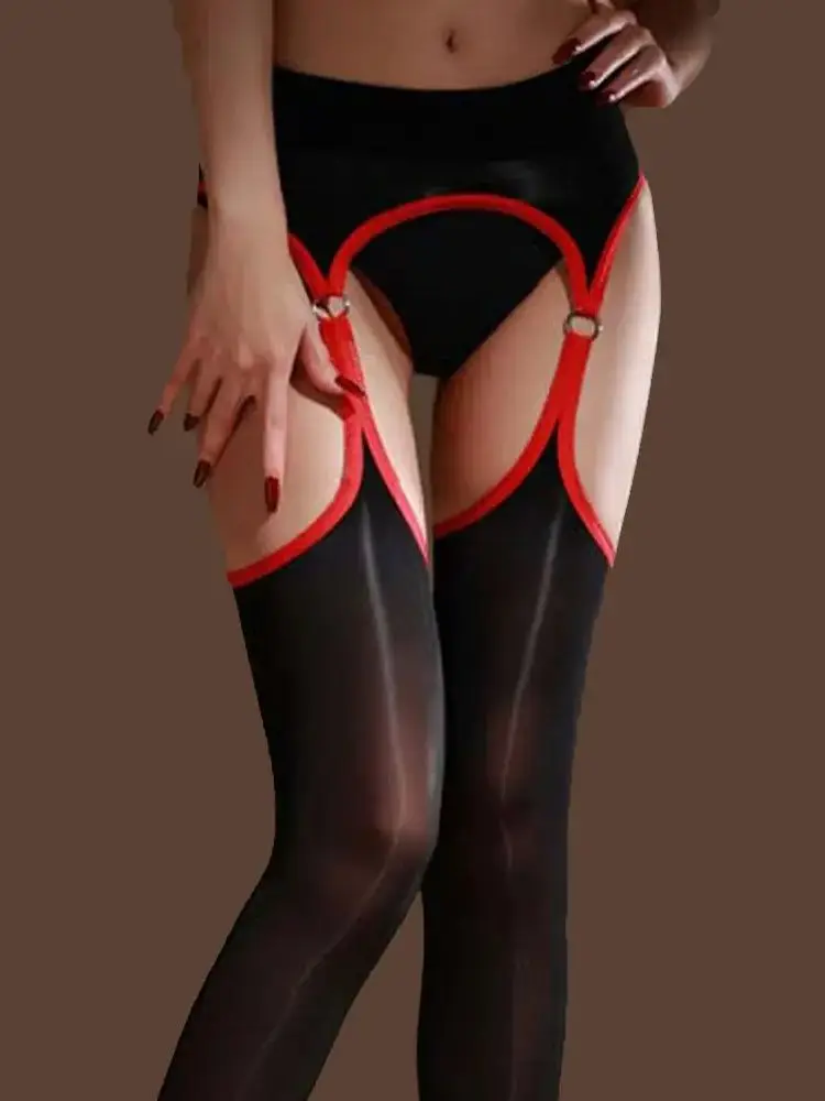 Women's Garters Ring Connect Stocking Crotchless Pantyhose Sexy Oil Shiny Sheer See Through Woman Tights Over Knee Stocking