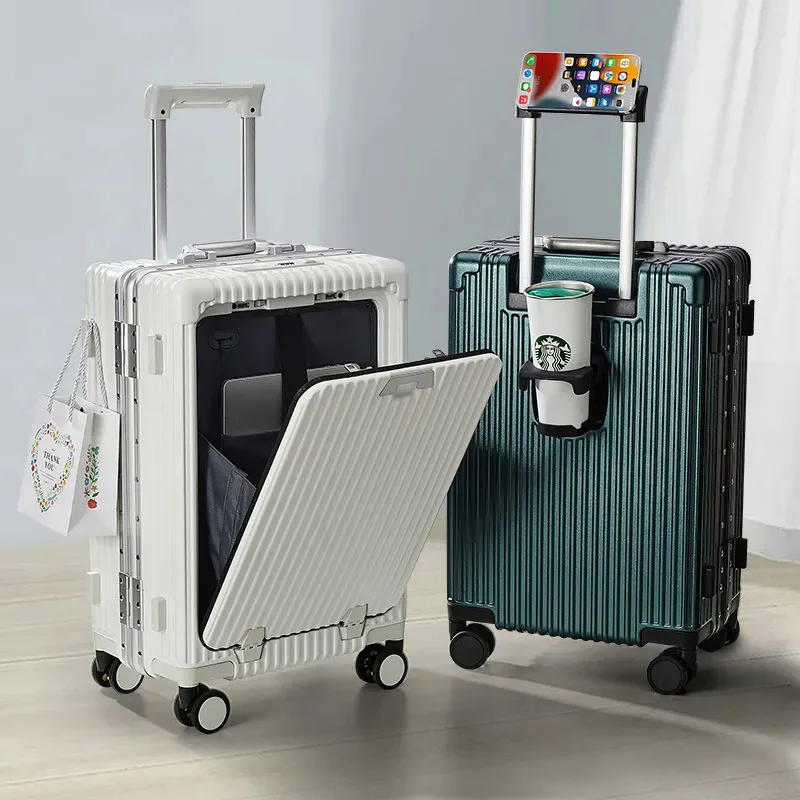 Aluminium Frame Bagage Instaptas Multifunctionele Voorkant Opening Reiskoffers Wachtwoord Trolley Case Met Telefoonhouder & Usb