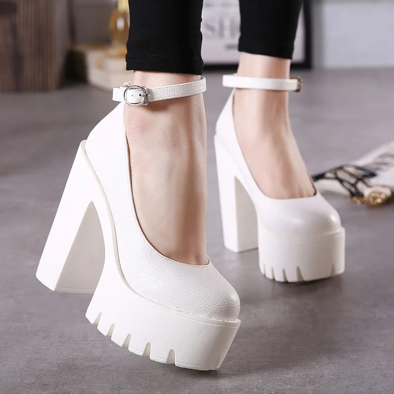 Women Pumps Mary Janes 14cm Chunky High Heels Platform Women\'s Shoes Sexy Black White Ankle Strap Plus Size 43 Party Dress Shoes