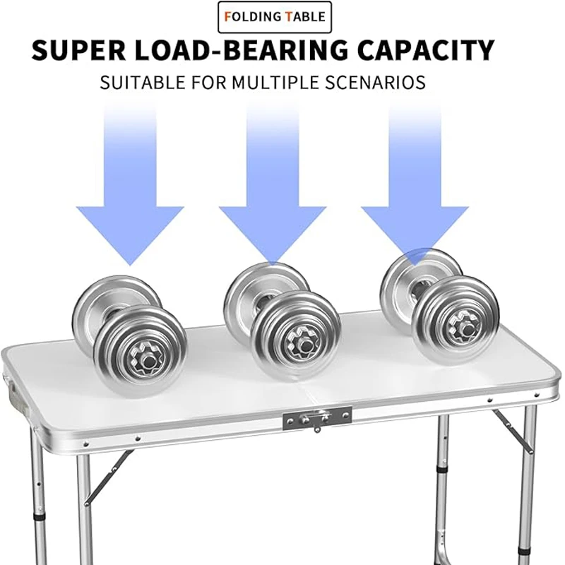 طاولة قابلة للطي 120 سم، طاولة تخييم للنزهات، مكتب دراسة للكمبيوتر المحمول، مع مقبض حمل، 3 ارتفاع قابل للتعديل، أبيض