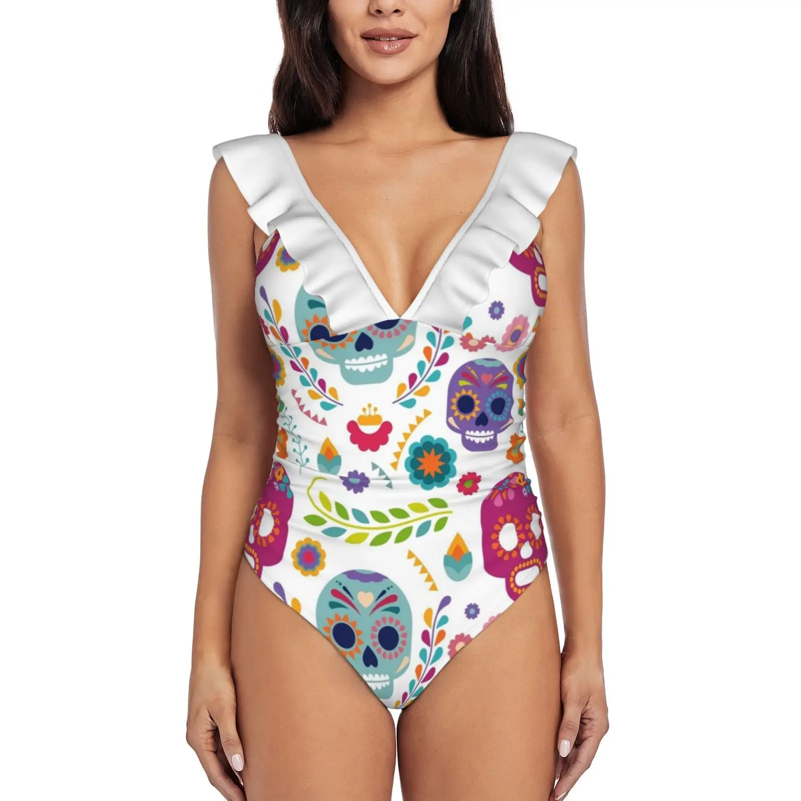 Skulls Sexy Ruffle Print Swimwear Women One Piece Swimsuit Female Monokini Bathing Suit Skull Day Of The Dead Death Coconut