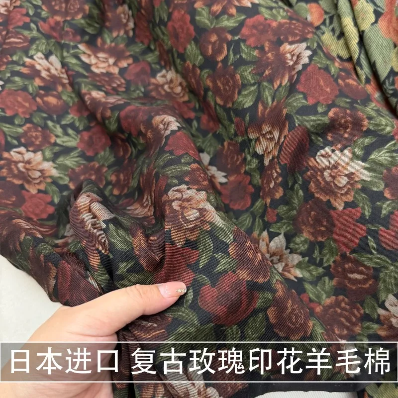 2meters-burgundy-vintage-rose-print-twill-wool-cotton-fabric-dress-designer-thin-skin-friendly-natural-fabric