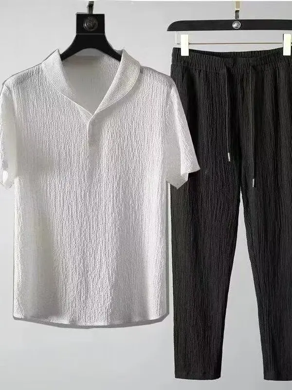 

Ice Silk Qui Dry Linen Set Men Summer Thin Loose ort Sve Long Pants Trendy Faion Set T-irt Long Pants Youth