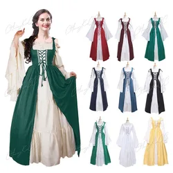 Vintage Gothic Bandage Women Dress Flare Sleeve Floor Length Goth Vampire Witch Dresses Medieval Renaissance Cosplay