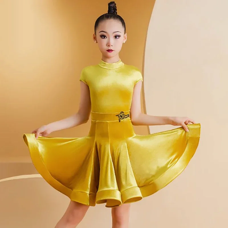 Kids Girls Modern Dance Jumpsuit and Skirt Sparkling Velvet National Standard Dance Performance Practice Dress Waltz Competition