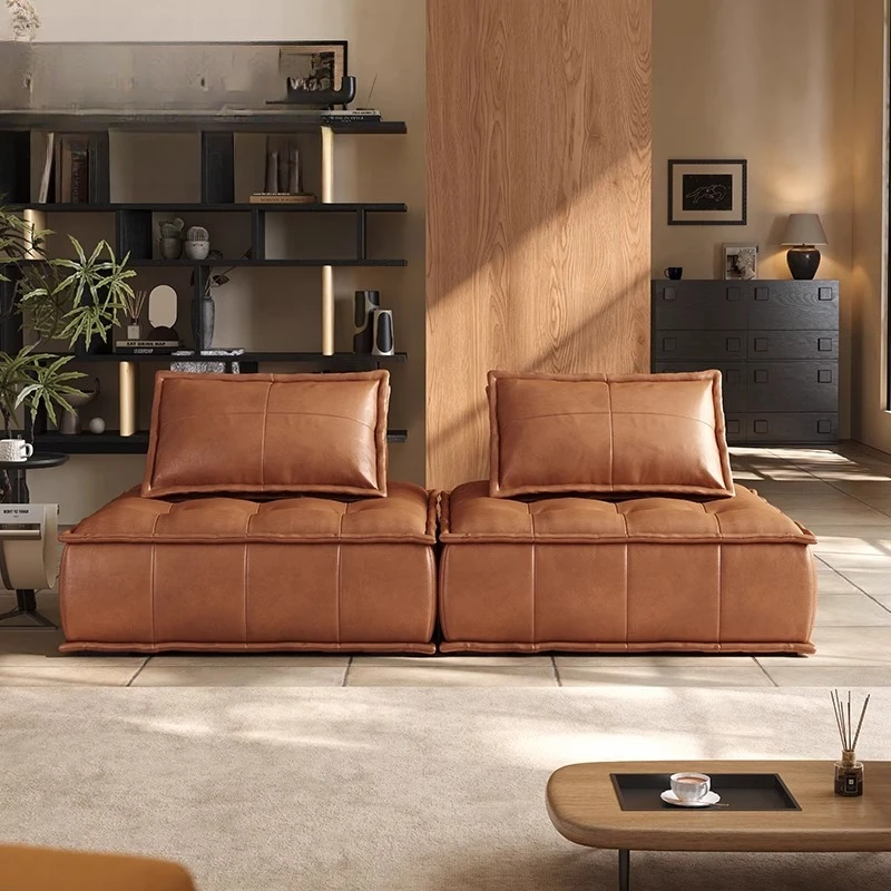 

Italian Piedmontese sofa, oil wax leather, retro feeling, small apartment, living room, simple tofu block module combination