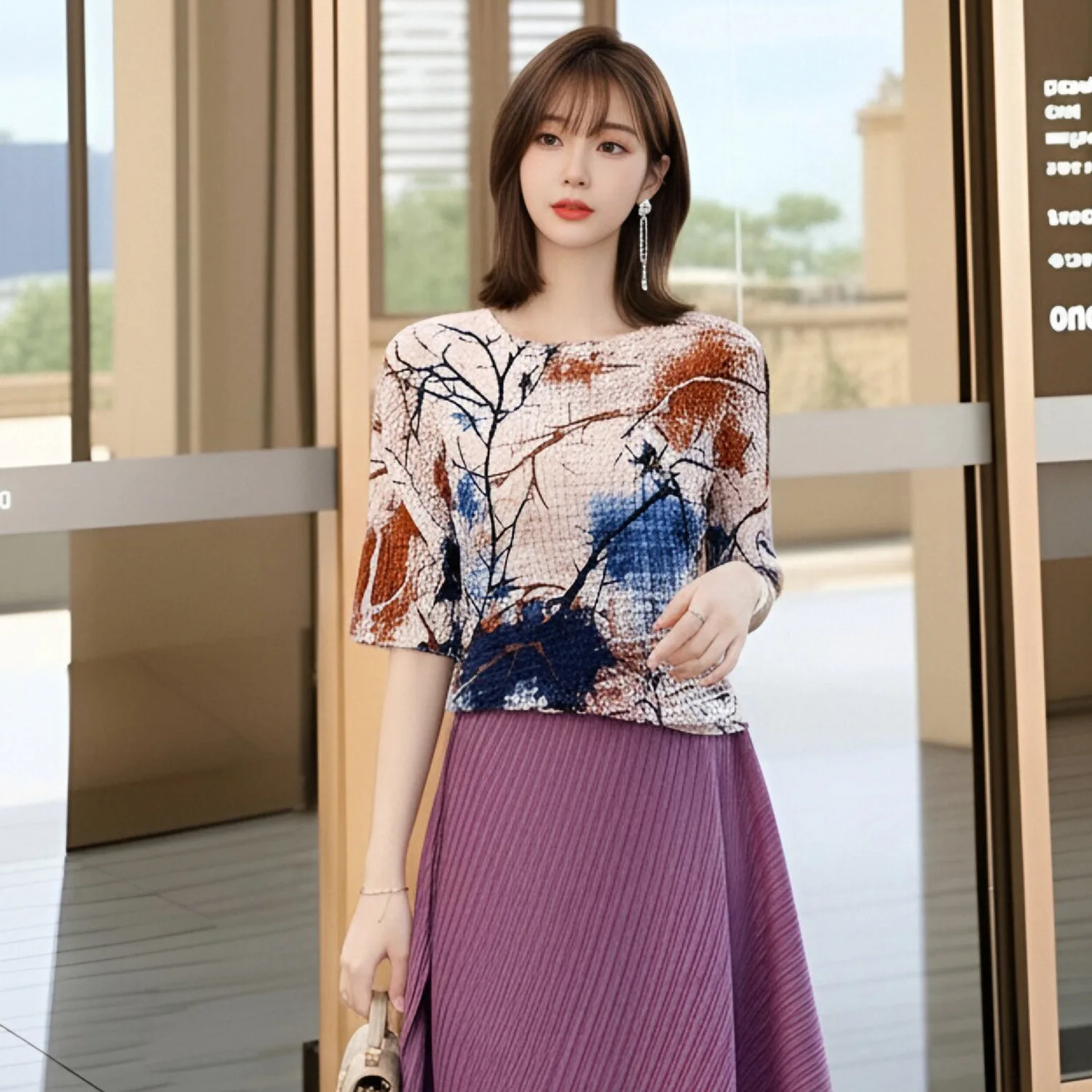 

Miyake Pleated Women's Casual Versatile Tops 2006 Japanese Design Bohemian Style Flower Print Short-sleeved T-shirt for Women