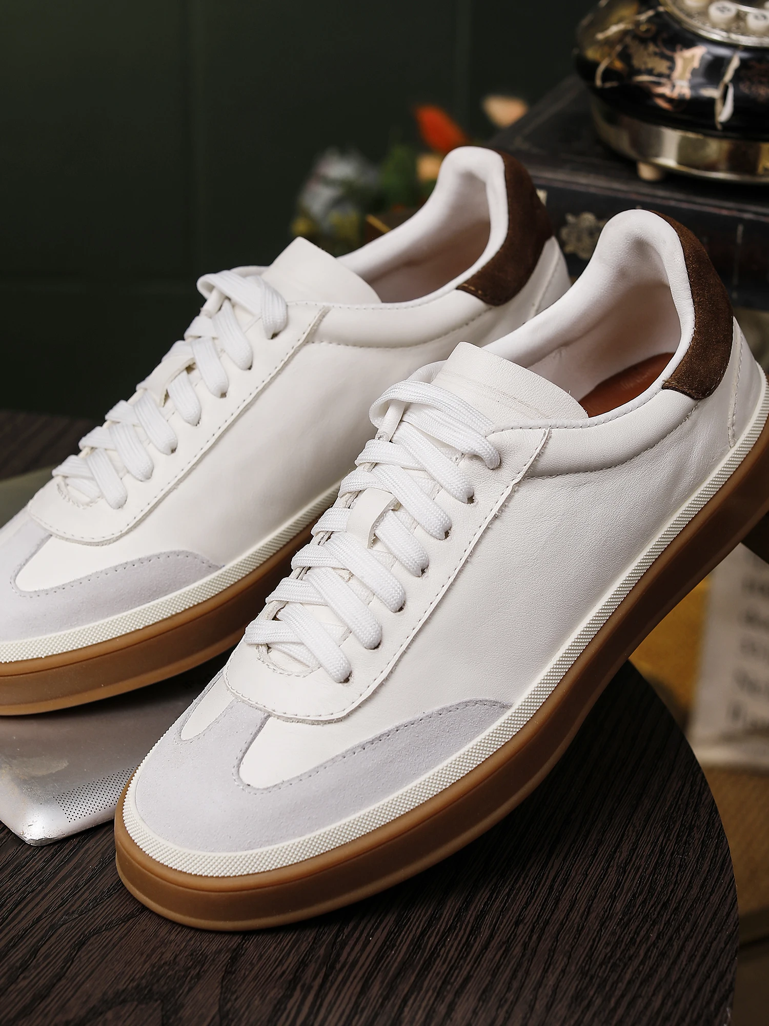 

Casual Leather Low-Top Men's Flat Bot Deqin oes Spring Autumn New Sle Retro Color Blo Versatile Genuine Leather Whit...