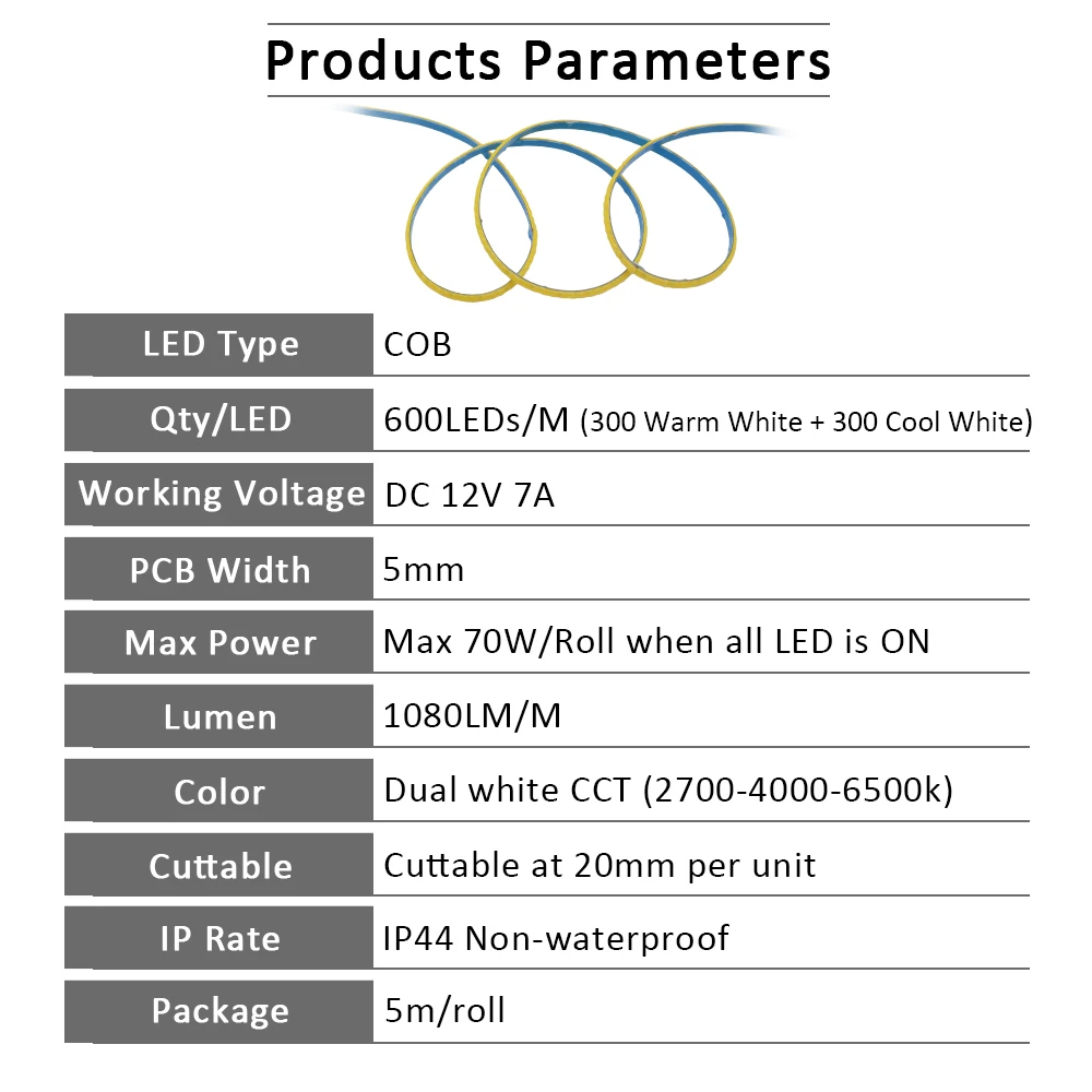 5M 12V 24V DC 2 przewody CCT pasek światła 600 led/m elastyczna wstążka podwójna biała FCOB lampa taśmowa 5mm PCB liniowe światła