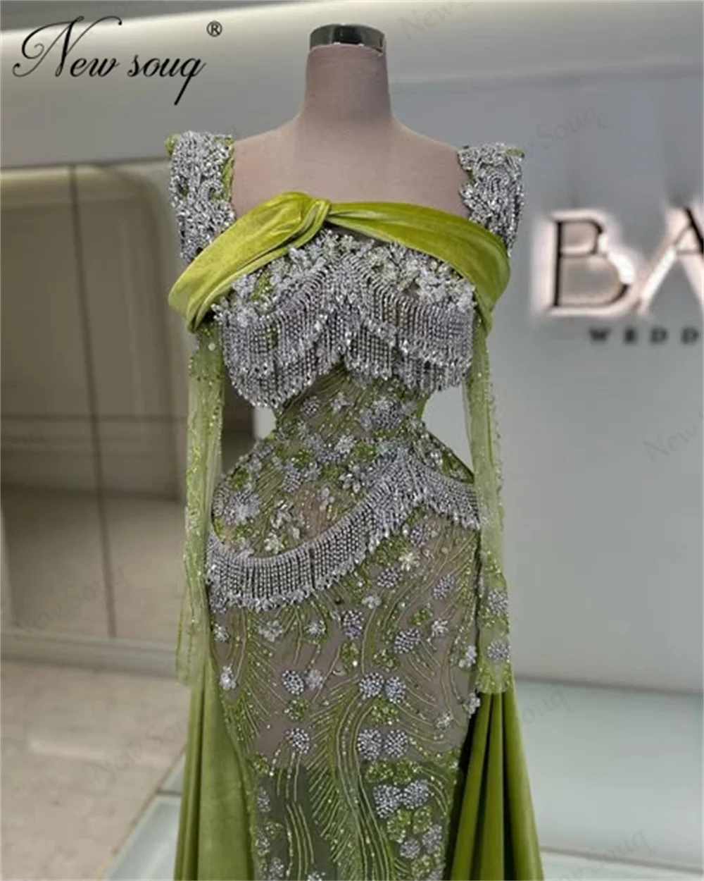 

Green Beading Evening Dresses Robes De Soiree Celebrity Red Carpet Gowns Mermaid Party Dress Customized Formal Reception Gowns