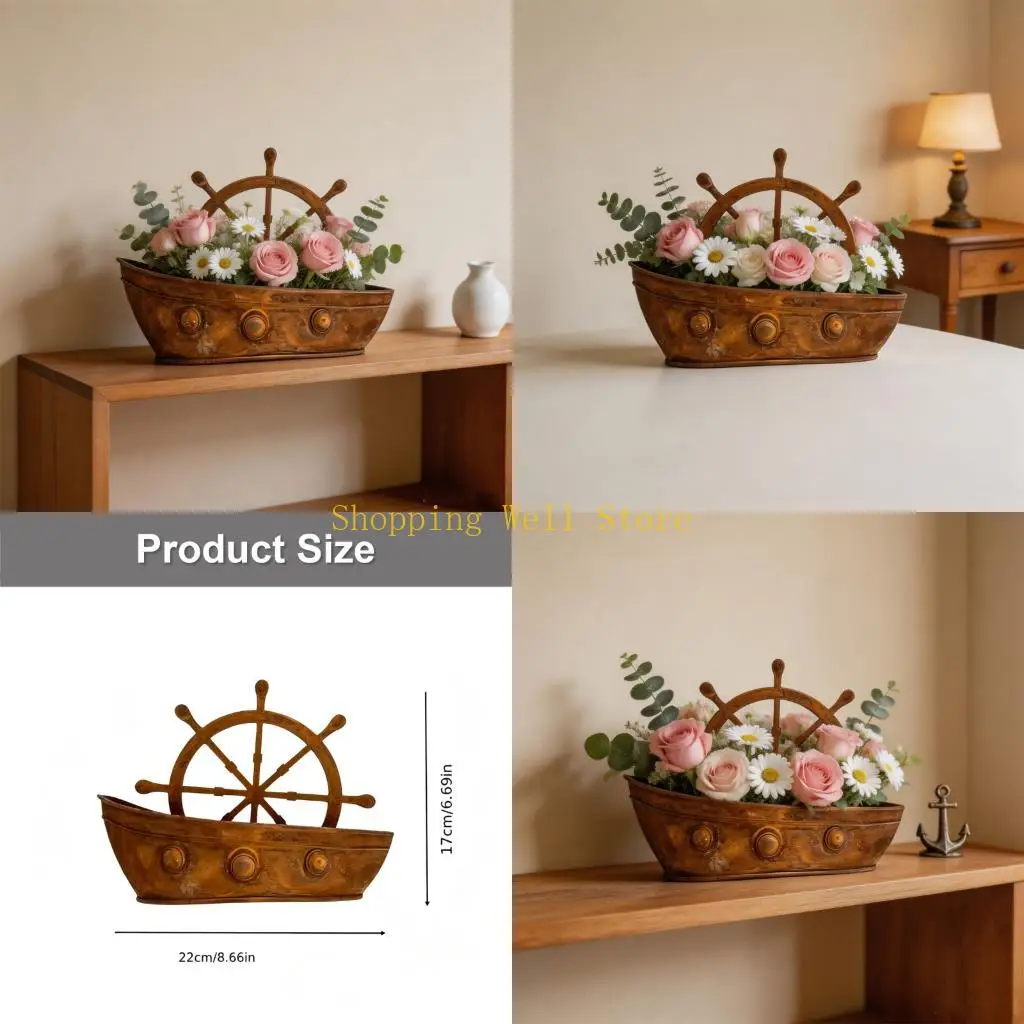 KX4B Metal Boat Flower Pot Decorative Boat Planter for Balcony Shelf Use