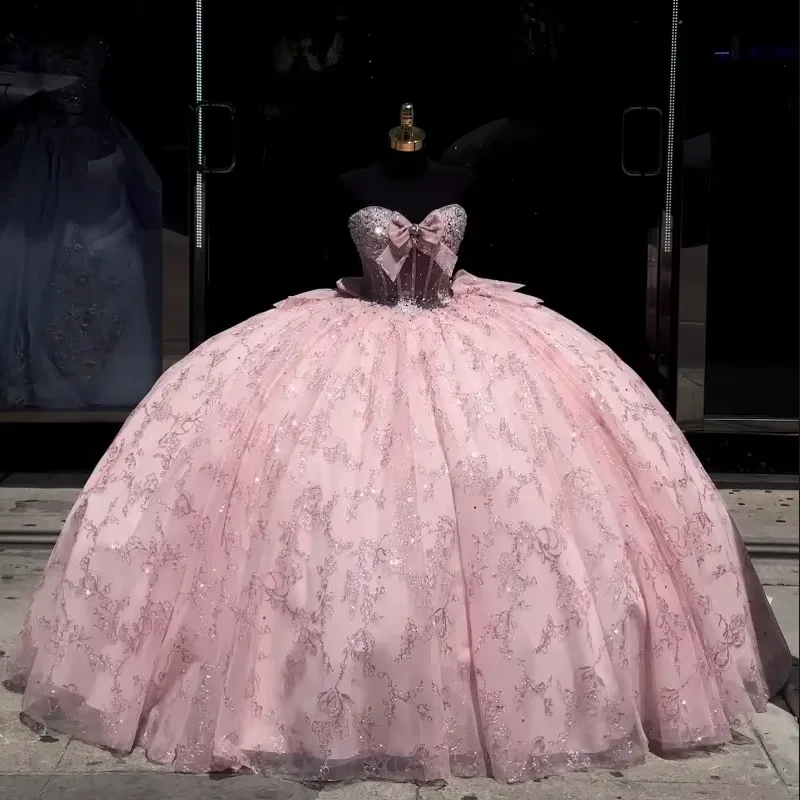 Angelsbridep rosa borla quinceanera vestidos brilhantes lantejoulas apliques vestidos de renda contas arco tull bola vestidos de 15 anos personalizado