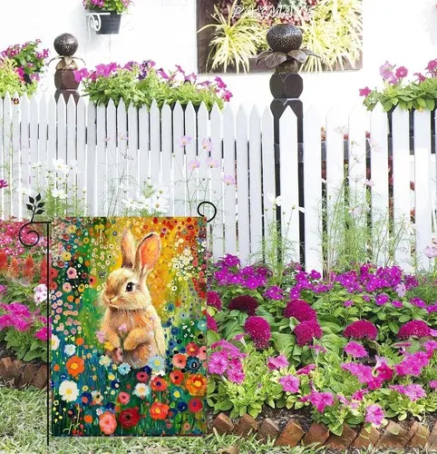 Spring Summer Bunny Garden Flag 12x18 Double Sided Burlap Wildflower Decor PPZ