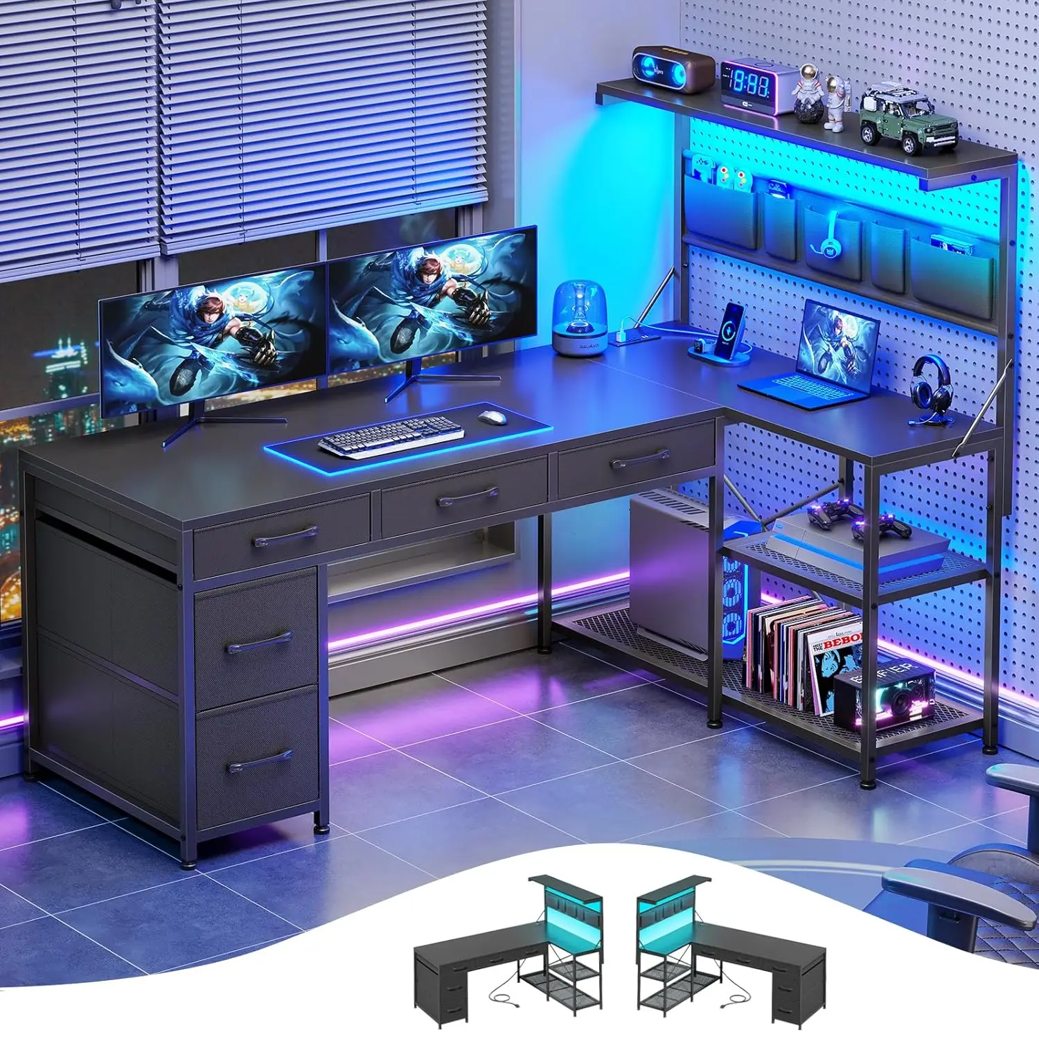 

Игровой стол L-образной формы с 5 ящиками и полками для хранения, реверсивный компьютерный стол с книжной полкой для домашнего офиса, L, на заказ