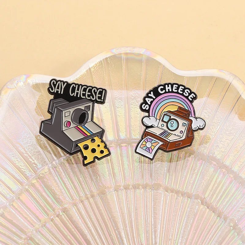 Creative Retro Camera Enamel Pins Cartoon Rainbow Cheese Camera Brooches Butterfly Feather Scenery Photo Paper Lapel Pins Gifts