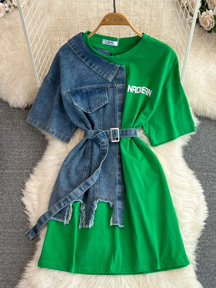 

2025 Spring Summer New Denim Patchwork Shirts Mini Dresses Women's Fashion Casual O-neck Short Sleeve Loose Sashes Party Dress