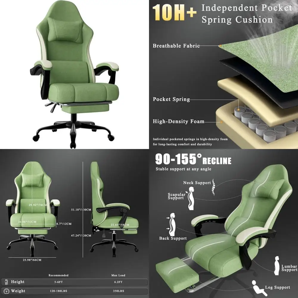 Ergonomic Breathable Fabric Gaming Chair with Pocketed Spring Cushion, Adjustable Lumbar Support, and Footrest for Enhanced Comf