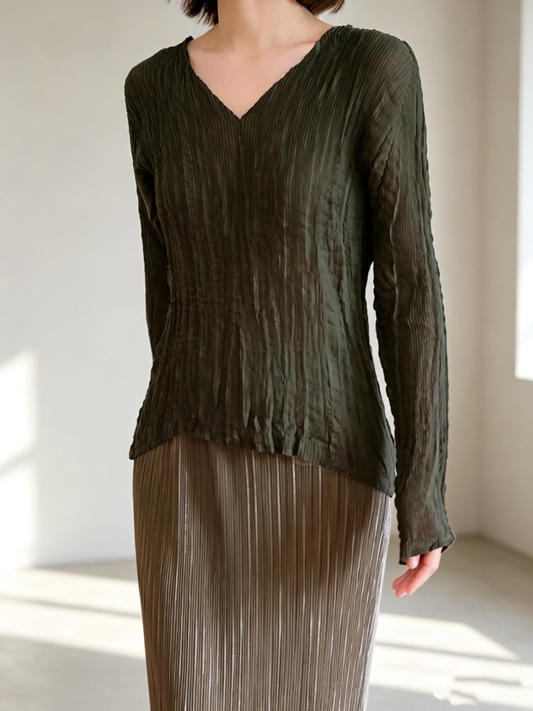 ALSEY Miyake Pleated Women Blouse V Neck Long Sleeve Sheer Mesh Shirt Wrinkle Texture Loose Casual Elegant Office Daily Wear Top