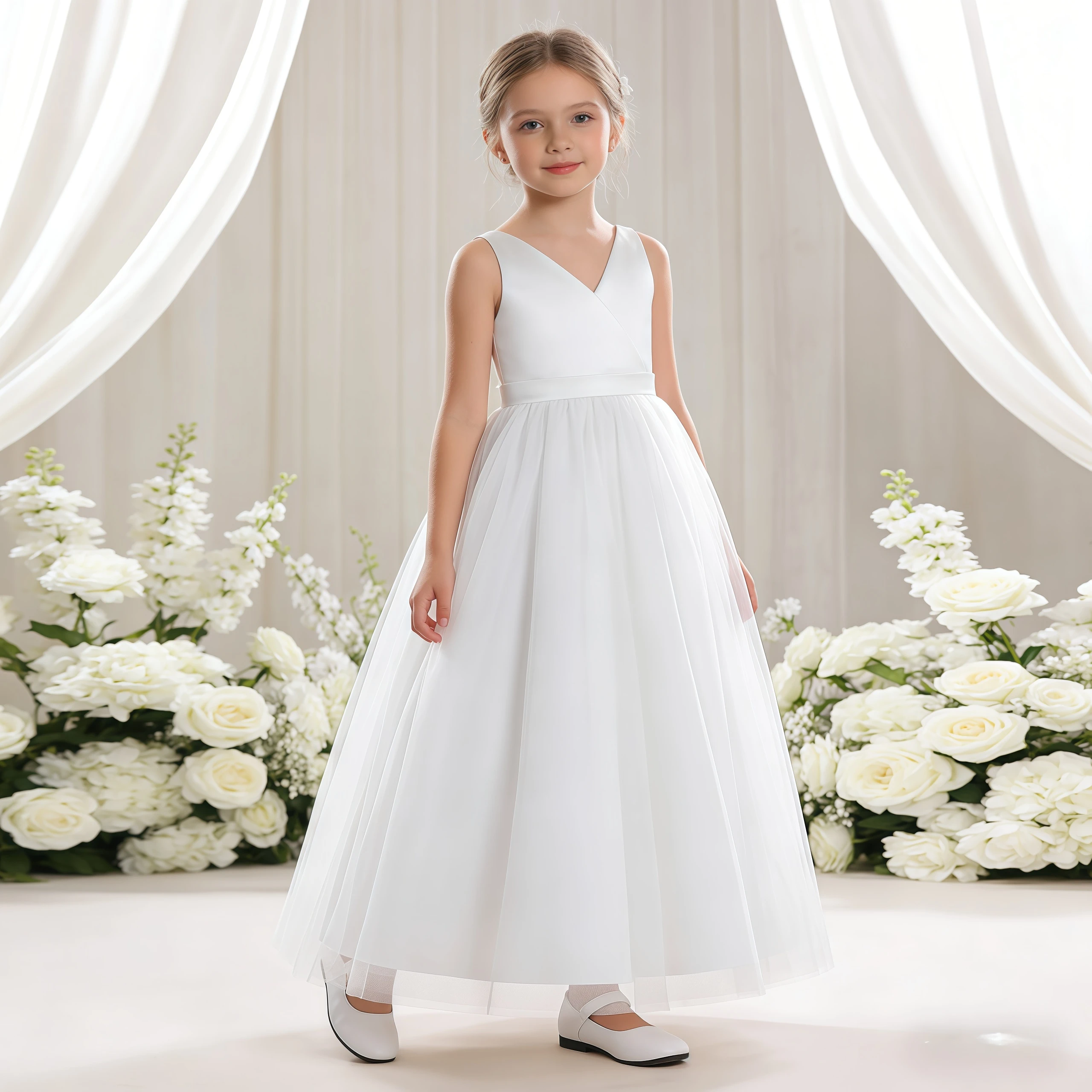 

Kids Formal Backless Big Bow White Princess Dress For Girls Wedding Birthday Party Special Occasion Formal Evening Ball Gown