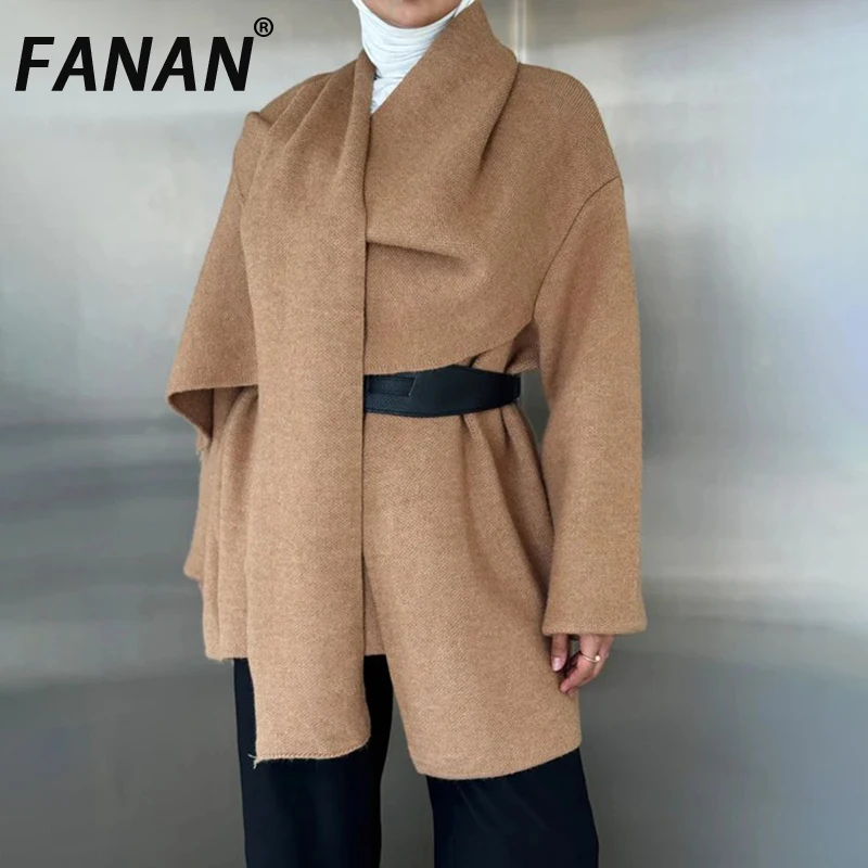 

FANAN асимметричный шарф с воротником, дизайн вязаного свитера, женский пояс со сборкой на талии, элегантные вязаные пальто, модная зимняя новинка