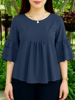 ZANZEA Elegant Layered Flare Sleeves Blusas Mujer Solid Color O-Neck Day Wear Casual Tops Women Loose Commute Pintuck Blouses