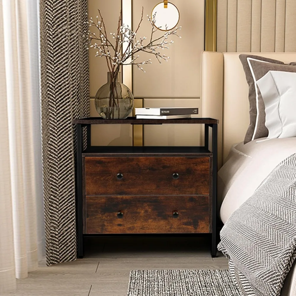 قاعدة شحن منضدة 27 عريضة، رف مفتوح ودرجين، طاولة خشبية صغيرة بجانب السرير، طاولة جانبية نهائية لغرفة النوم