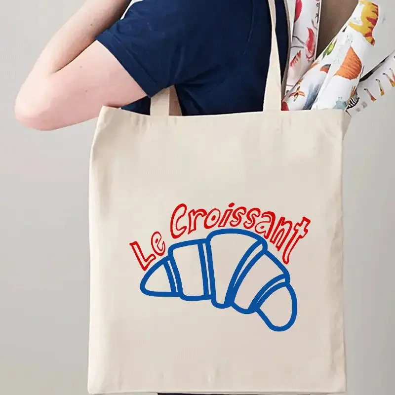 Women's fashion tote bag with croissant print，Casual Style、Simple and retro style、casual commuter shopping bag、Personalized, por