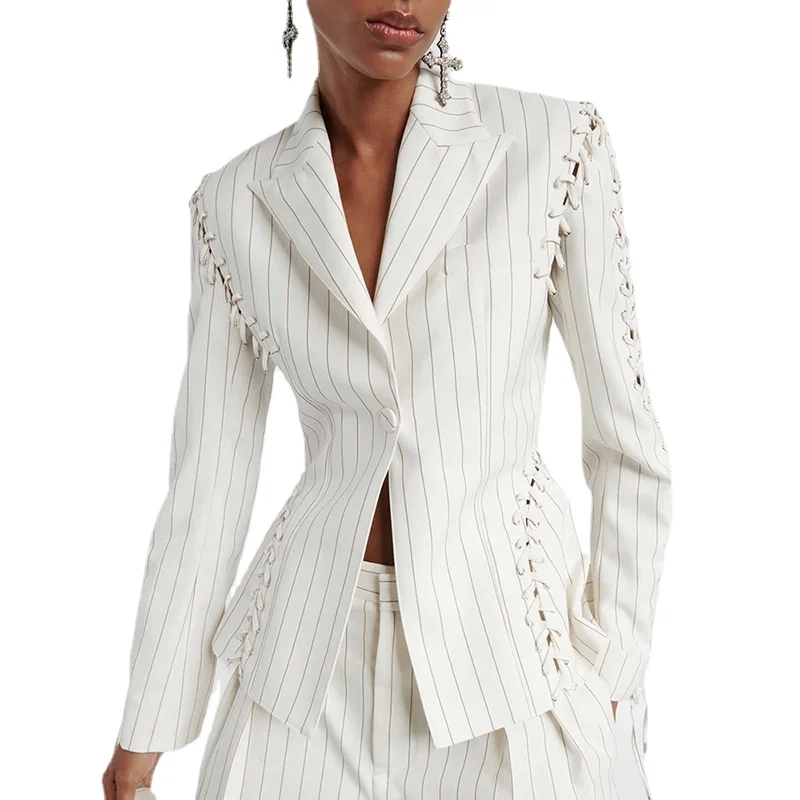 

Women's Spliced Lace-up White Coat, Drawstring, Skinny, Striped, Small Suit, New Fashion, Spring