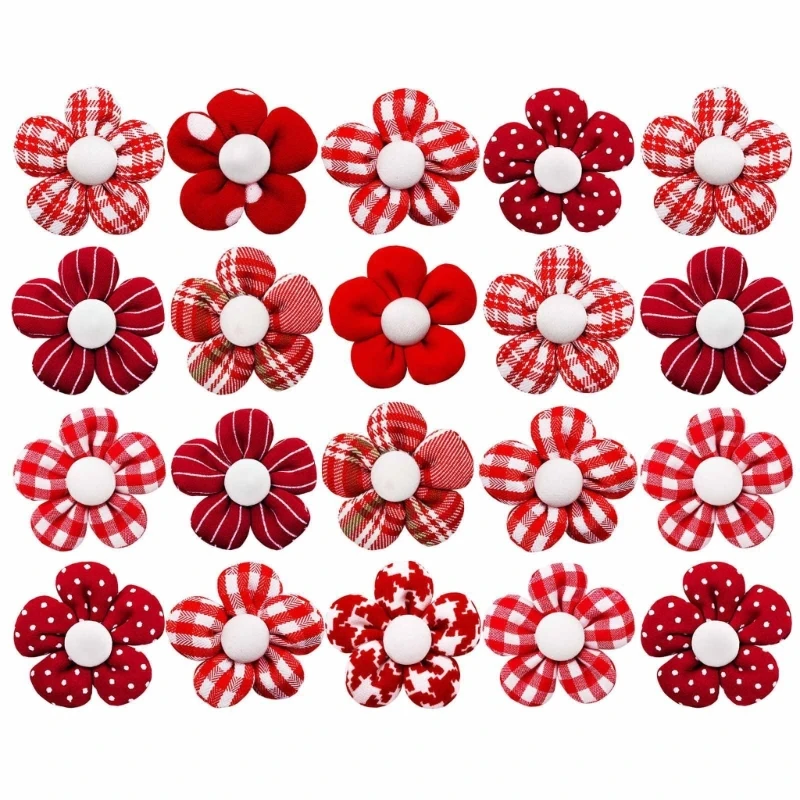 20PCS Lovely Flower Hair Rope Fabric Festival Theme Hairties for Pet Dog Cats Valentines Day Various Pet Hair Decoration 203C