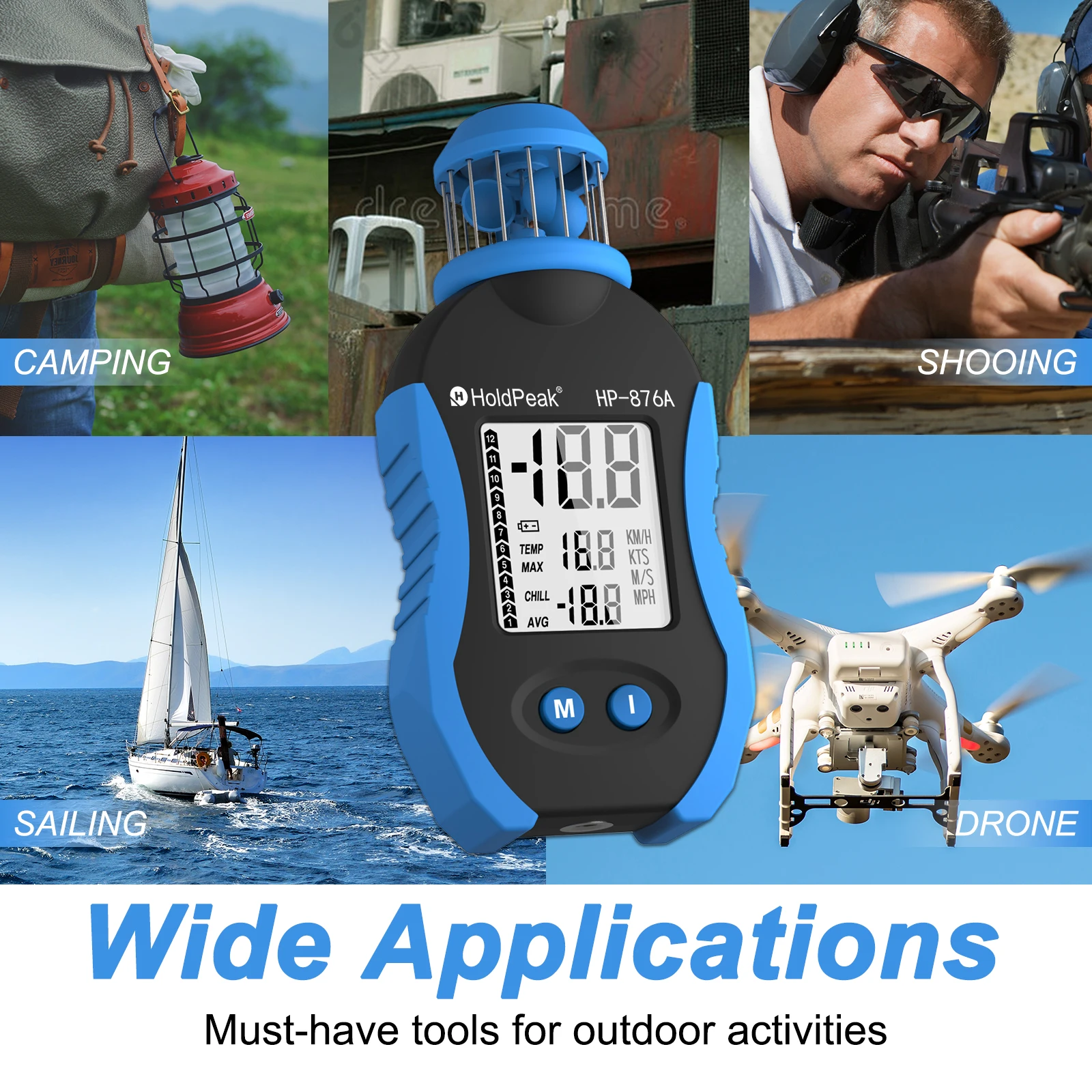 HP-876A Cup anemometer,Measures Wind from Any Directions,Upgraded 4 Cup Design,large wind speed measurement range,LCD Screen