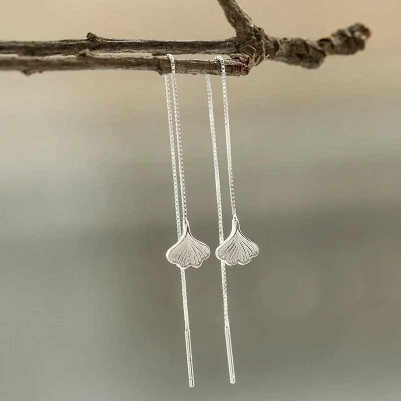 S925 Sterling Silver Earrings Stud Earrings Ginkgo Biloba Fringed Earrings Pendant Silver Earline Small Fresh Earrings