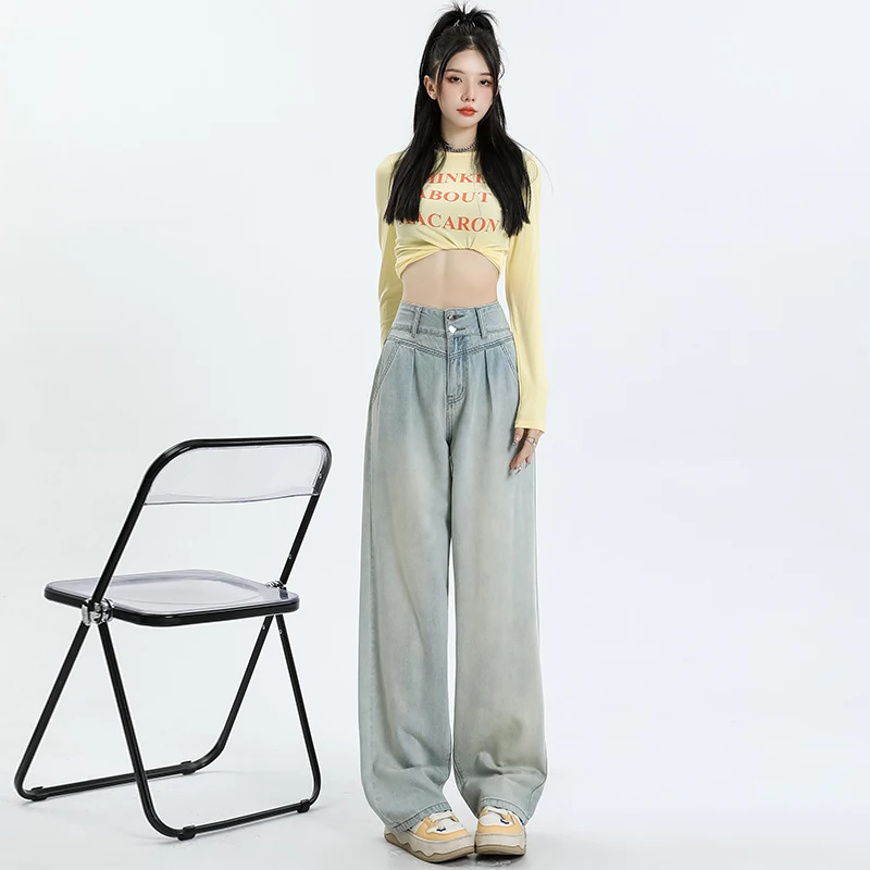 

Новые женские джинсы с высокой талией и двойной застежкой на пуговицах, прямые широкие брюки, модель 2026 года, для студийных фотосессий, удлиненные брюки