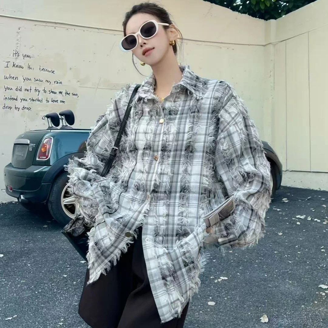 

SuperAen 2026 Spring New Korean Style Long-Sleeved Loose Top for Women Vintage Plaid Ruffles Oversize Fashion High Street Shirts