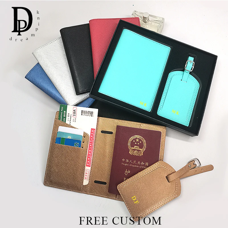 

Travel Customized Passport Holder And Luggage Tag Set With Gift Box Engrave Initials PU Leather Card Slot Passport Cover Pendant