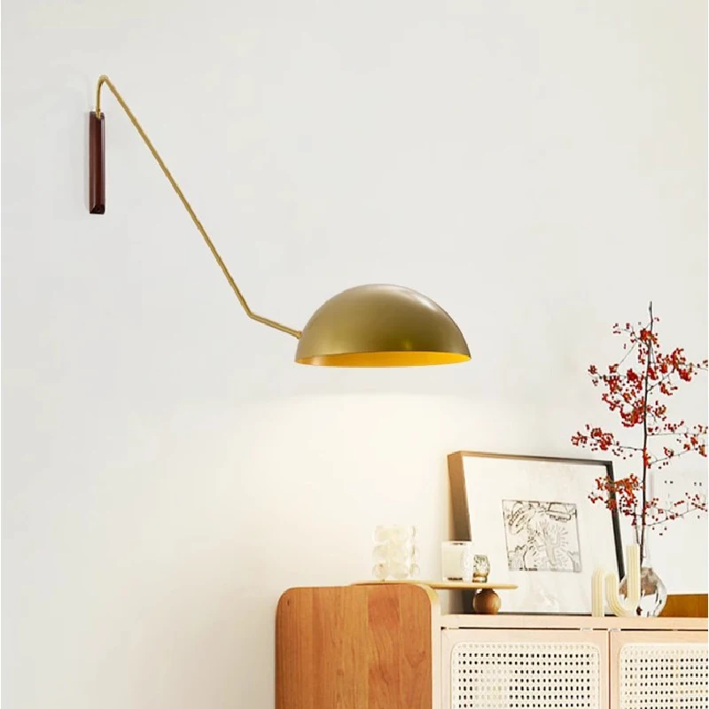 Imagem -03 - Longo Braço Balancim Lâmpadas de Parede Madeira Maciça Rotatable Swing Lamp Bedroom Bedside Living Room Reading Wall Lights Dourado Preto