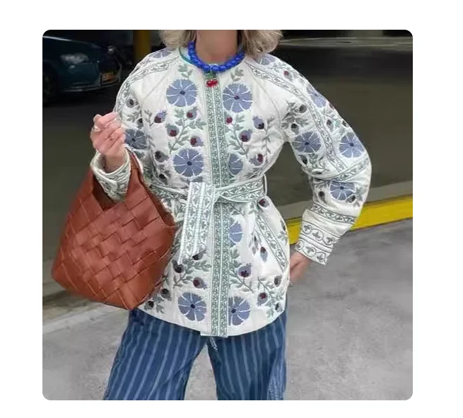 

Autumn and winter European and American fashion temperament blue printed lace-up waist cotton jacket street hipster