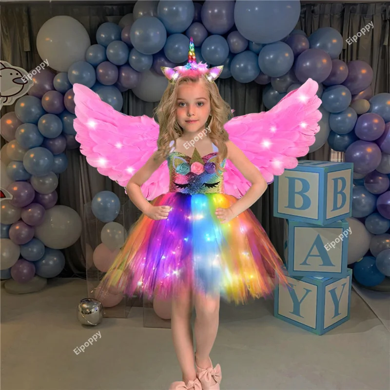 Children LED Glowing Dresses Wings Headband Stage Costume for Girl Halloween Party