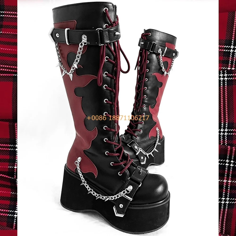 Platform Y2K Cyberpunk Motorcycle Boots New Street Rock Ladies Chain Belt Buckle Knight Boots Fashion Party Casual Lace-Up Boots