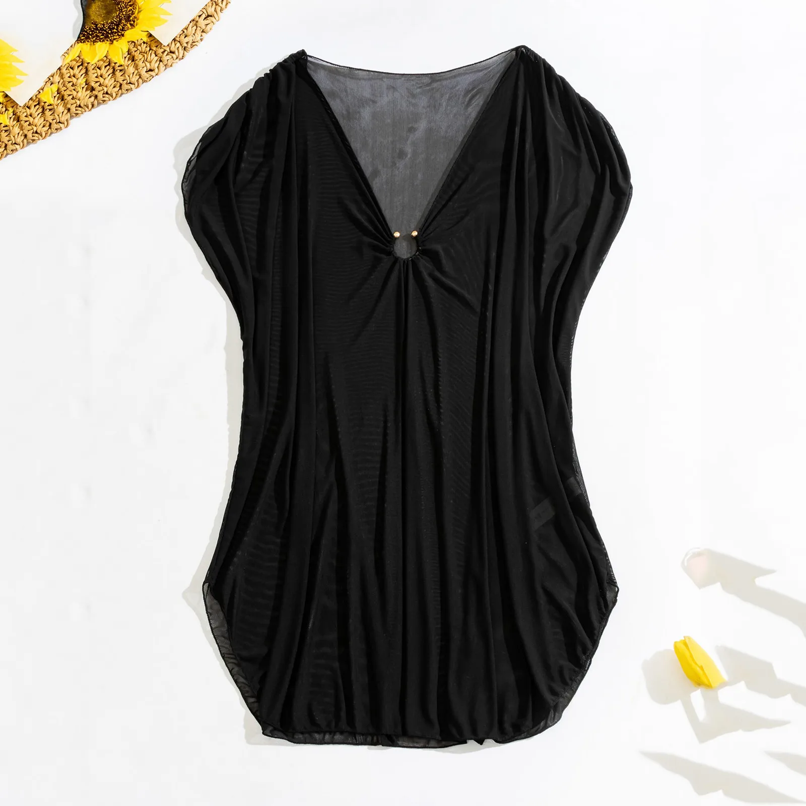 Große Mesh schiere vertuschen Frauen schwarz V-Ausschnitt ärmellose Mini kleid Beach wear sexy transparente Badeanzug Strand Vertuschungen