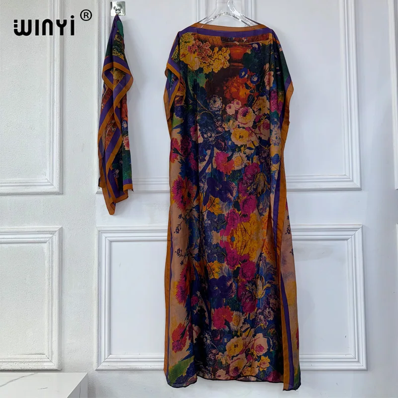 WINYI 2024 nowa afrykańska kobiet Dashiki boho print muzułmańska kobieta dubai Free Size Design z szalikiem Maxi luźna afrykańska elegancka sukienka