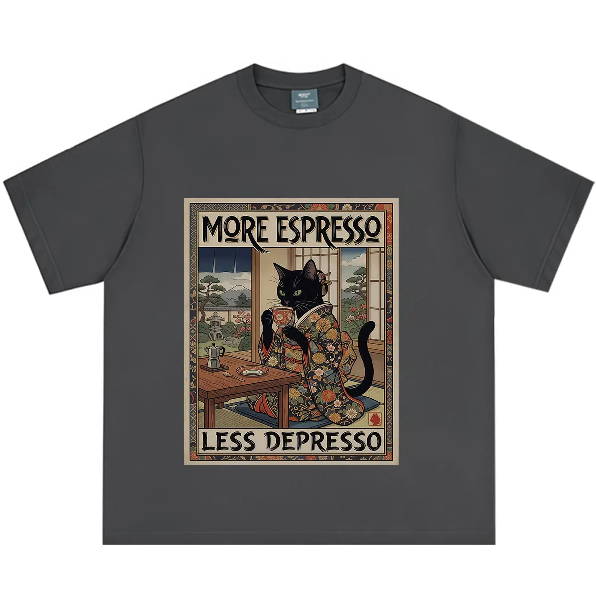 More Espresso Less Depresso Japanese Funny Cat Meme Tshirt Men Women Vintage Fashion T-shirt Summer Loose Casual Cotton T-shirts