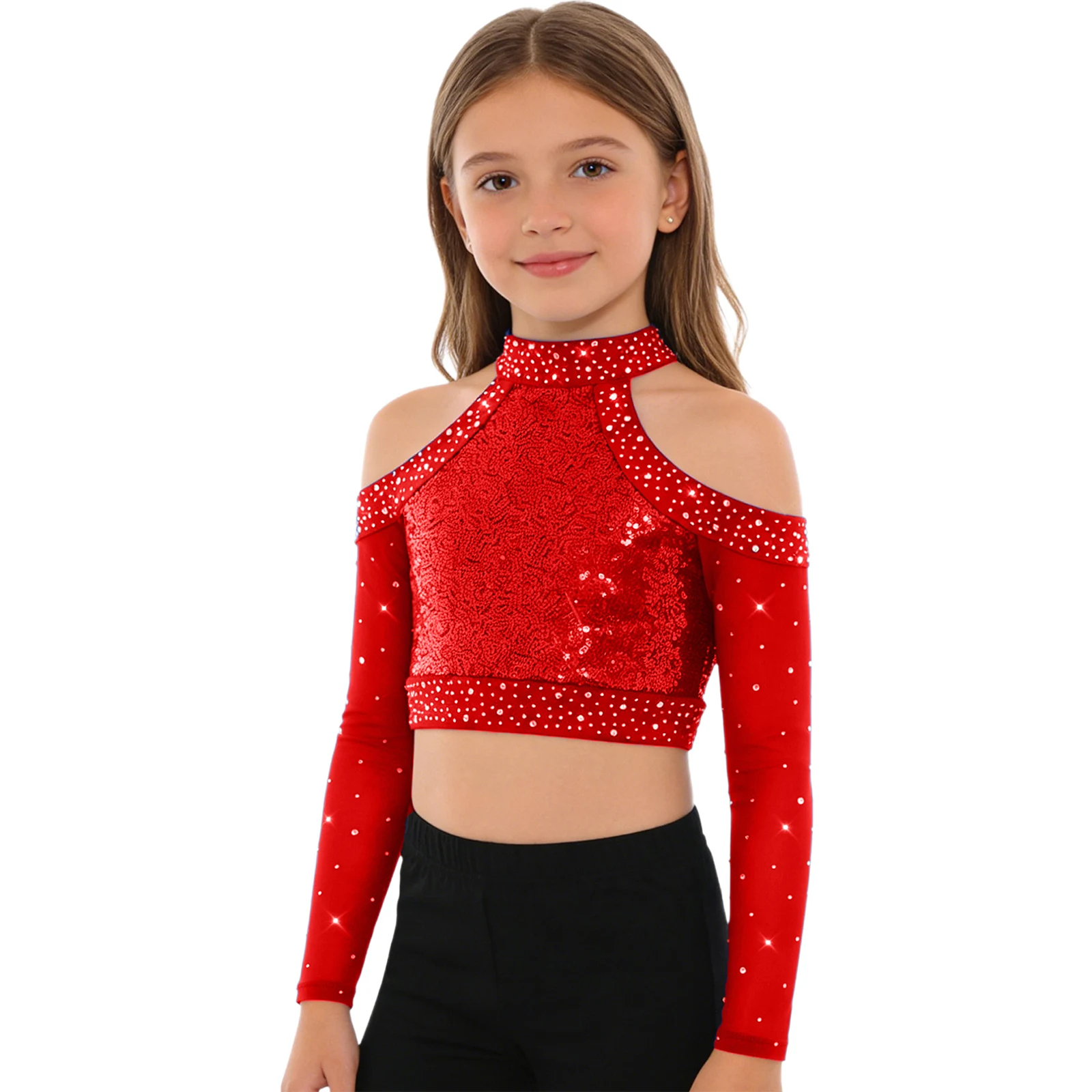 Kids Girls Stylish Jazz Dance T-shirt Outfit Shiny Sequin Hollow Long Sleeve Crop Top Streetwear Disco Hip Hop Stage Performance