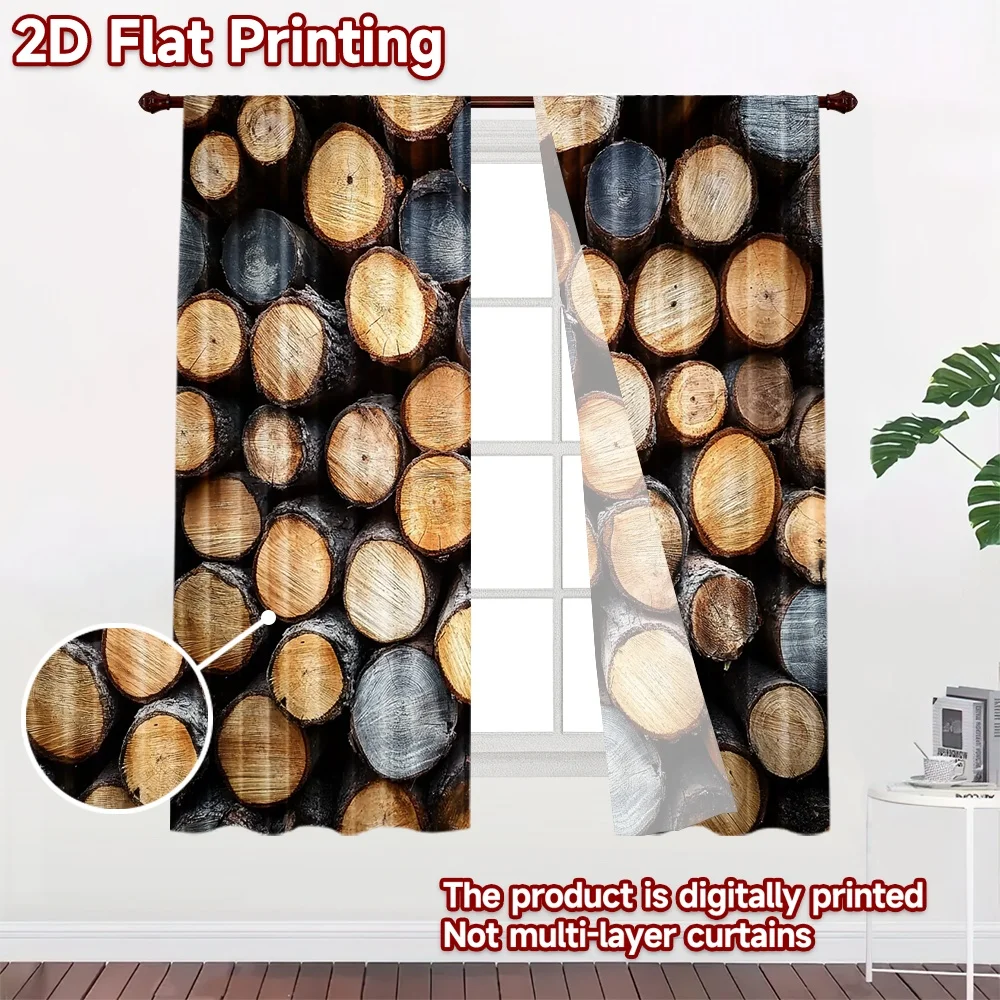 2D flat 2pcs Curtain Country Style Stacked Cut Tree Logs Digitally printed polyester, colorfast Festive Wall Decor for Holiday