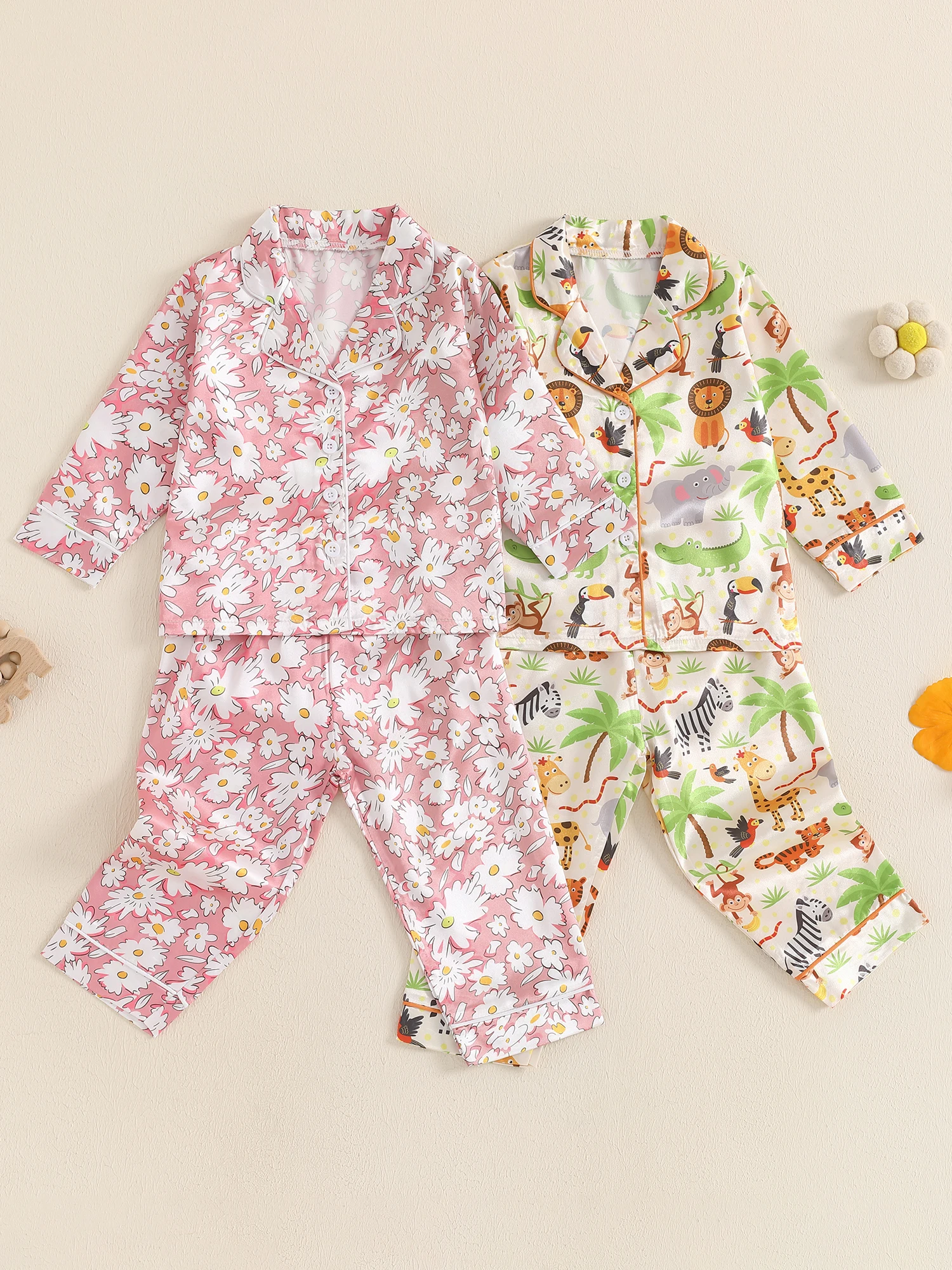 Little Girl Boy Fall Pajamas Set Animal/Floral Print Long Sleeve Lapel Button Tops with Pants Sleepwear Clothes