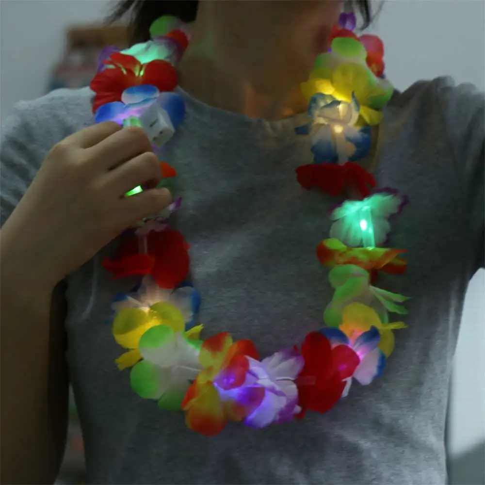 Glow In The Dark LED Necklace Rainbow Lei Artificial Flower Flower Wreath Light Up Tropical Design Glow Necklace