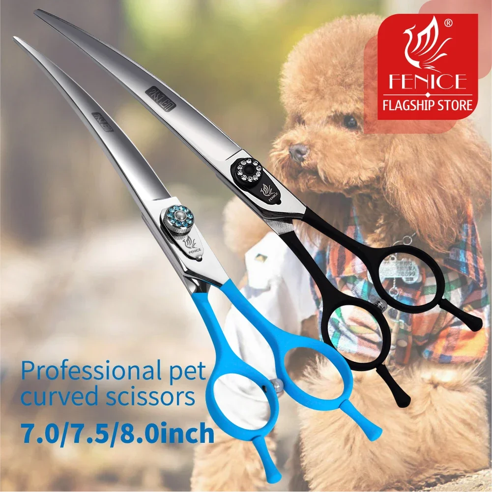 Fenice Professional Black Grooming Scissors, cisalhamento curvo para Teddy, Pomeranian Dogs, Pet Grooming Tools, JP 440C, 7.0 7.5 8.0"