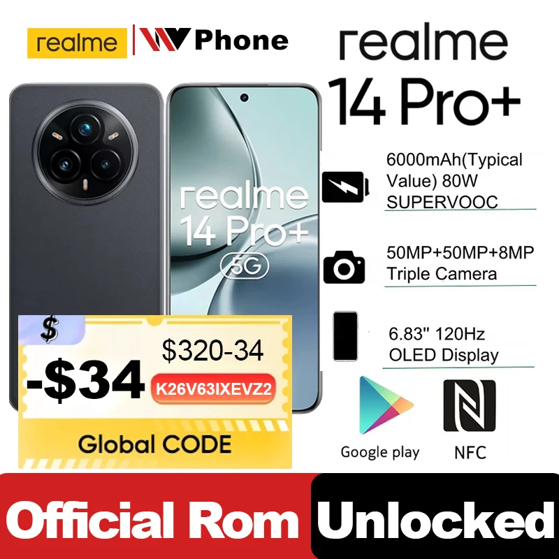Entsperrte offizielle ROM Realme 14 Pro Plus 5G NFC Snapdragon 7S Gen 3 Octa Core 6000 mAh 80 W SUPERVOOC 50 MP OIS Triple-Kamera