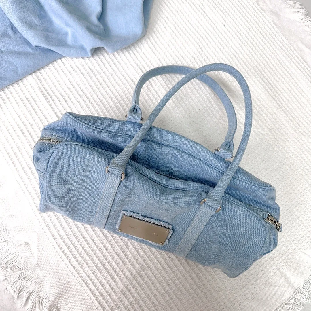 FIRMRANCH Korean Trend Metal Brand Summer Fresh Baby Blue Washed Denim Craft Large Horizontal Tote Female Shoulder Underarm Bag